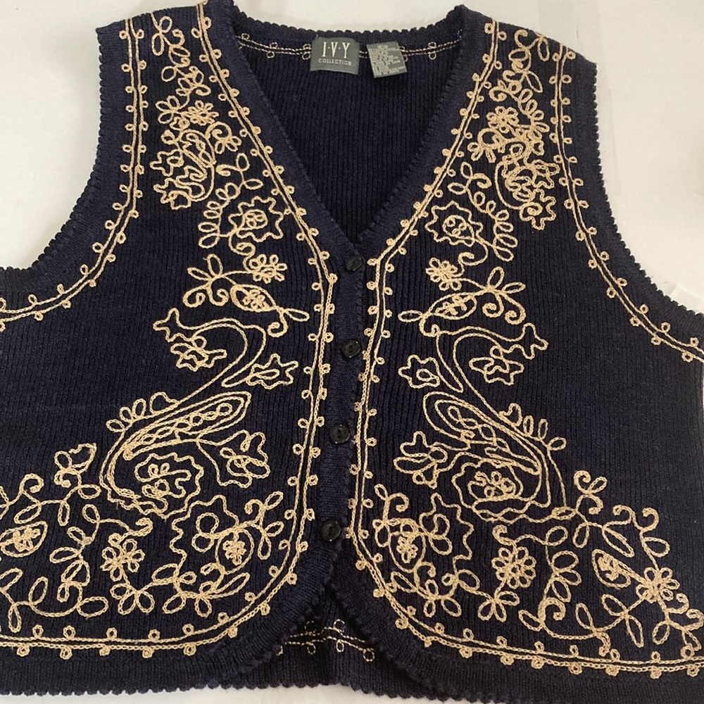I.V.Y. Collection Vest Women Size M Navy & Tan Button Front - Picture 5 of 9